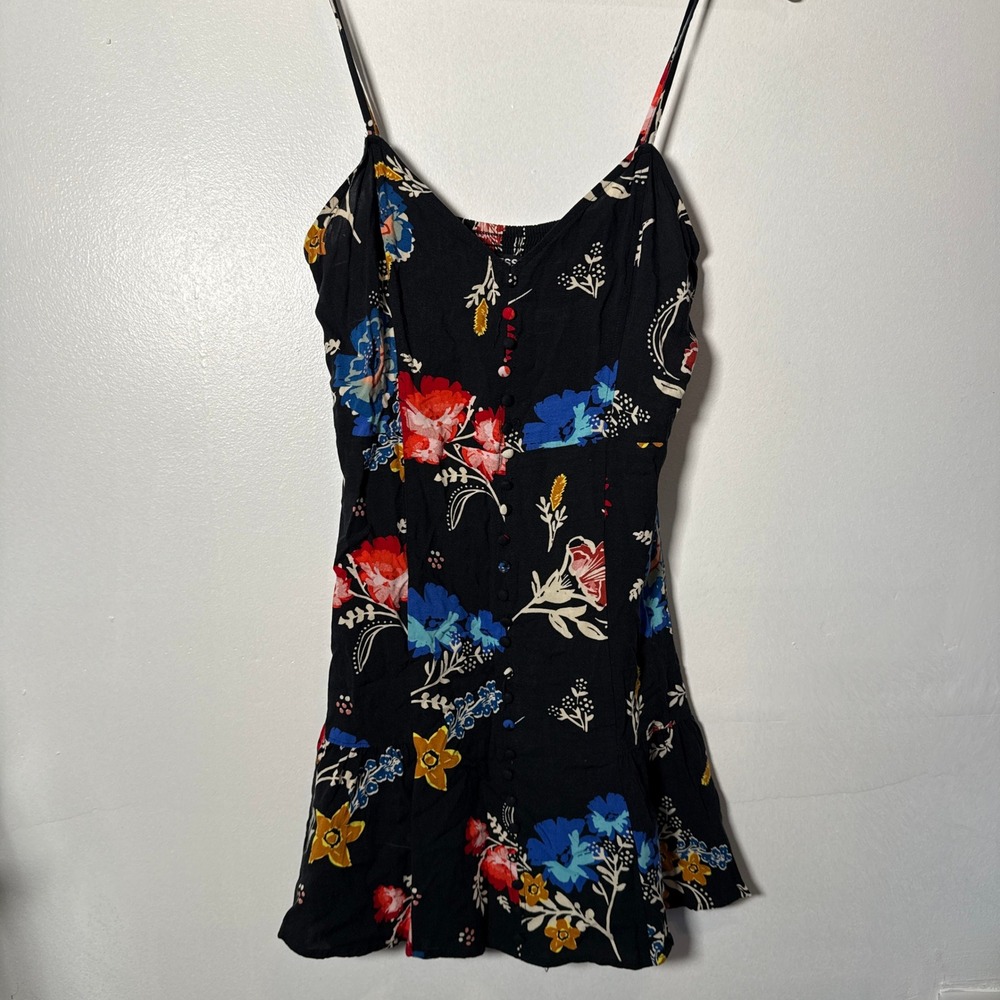 Express Womens Black Floral Button Front Smocked Back Mini Dress Small